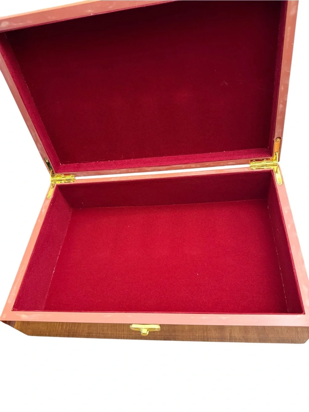 Wood Keepsake Box Red Velvet Lined Jewelry Box Memory Storage Chest 11”